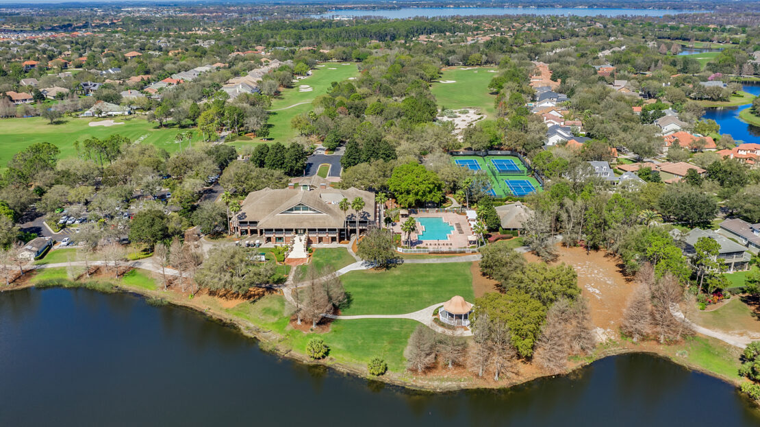 homes for sale in Keenes Pointe Windermere FL aerial view of Golden Bear Club pool tennis courts and Butler Chain of Lakes