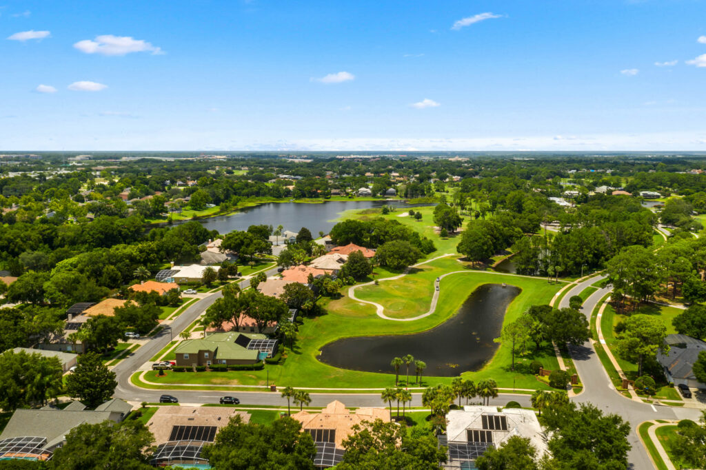homes for sale Timacuan Lake Mary FL aerial view of neighborhood and golf course