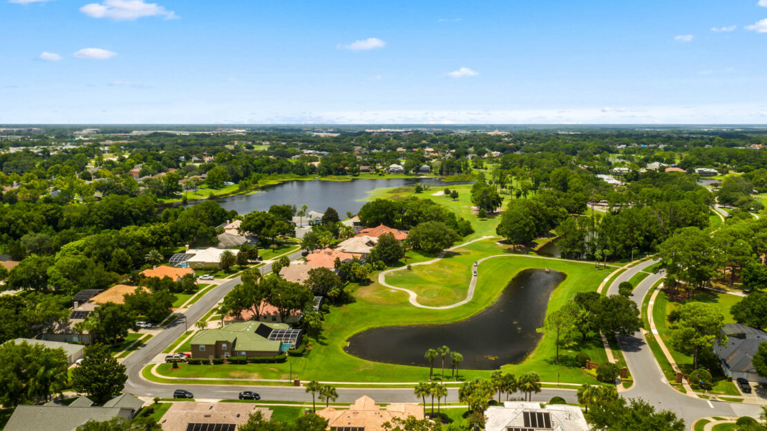 homes for sale Timacuan Lake Mary FL aerial view of neighborhood and golf course