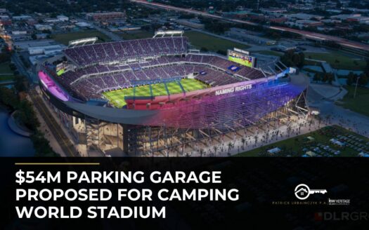 Camping World Stadium rendering with headline about proposed $54 million parking garage