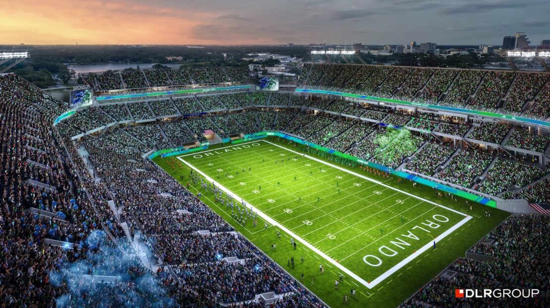 Daytime rendering of the renovated Camping World Stadium seating bowl and field