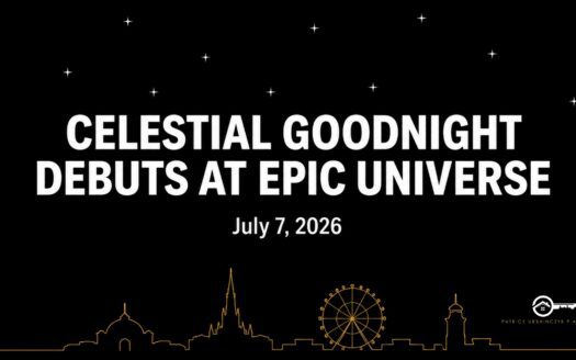 Celestial Goodnight nighttime show debuts at Epic Universe July 7, 2026 - illustrated skyline