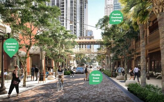 Rendering of Church Street's Festival Street features - expanded outdoor dining, flexible event street, festive overhead lighting - courtesy of City of Orlando