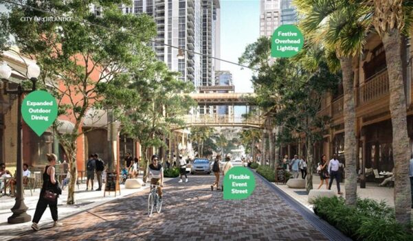 Rendering of Church Street's Festival Street features - expanded outdoor dining, flexible event street, festive overhead lighting - courtesy of City of Orlando