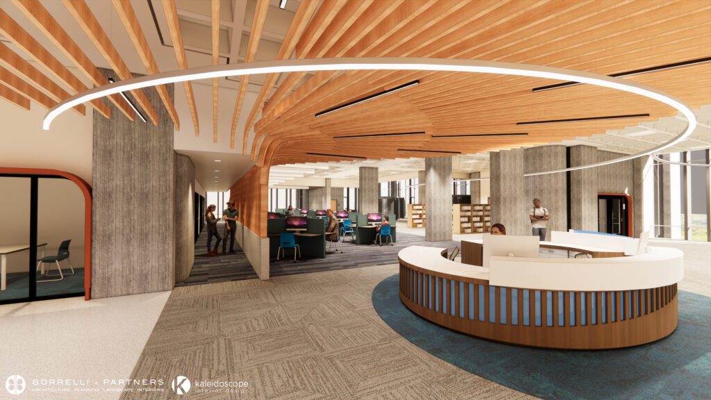 Rendering of the children's area archway entrance viewed from the adult services side at Orlando Public Library