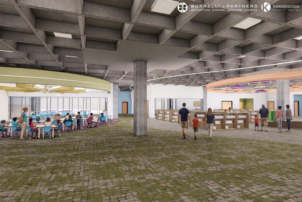 Rendering of Orlando Public Library's renovated children's area with turf-style flooring and colorful ceiling accent
