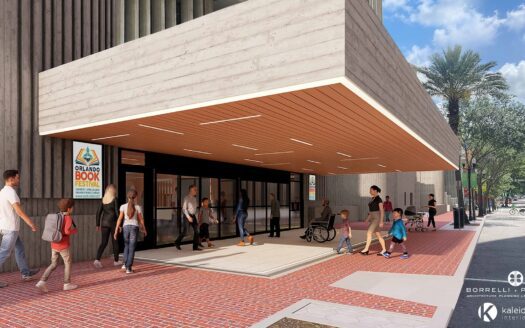 Rendering of Orlando Public Library's renovated street-level entrance canopy in downtown Orlando