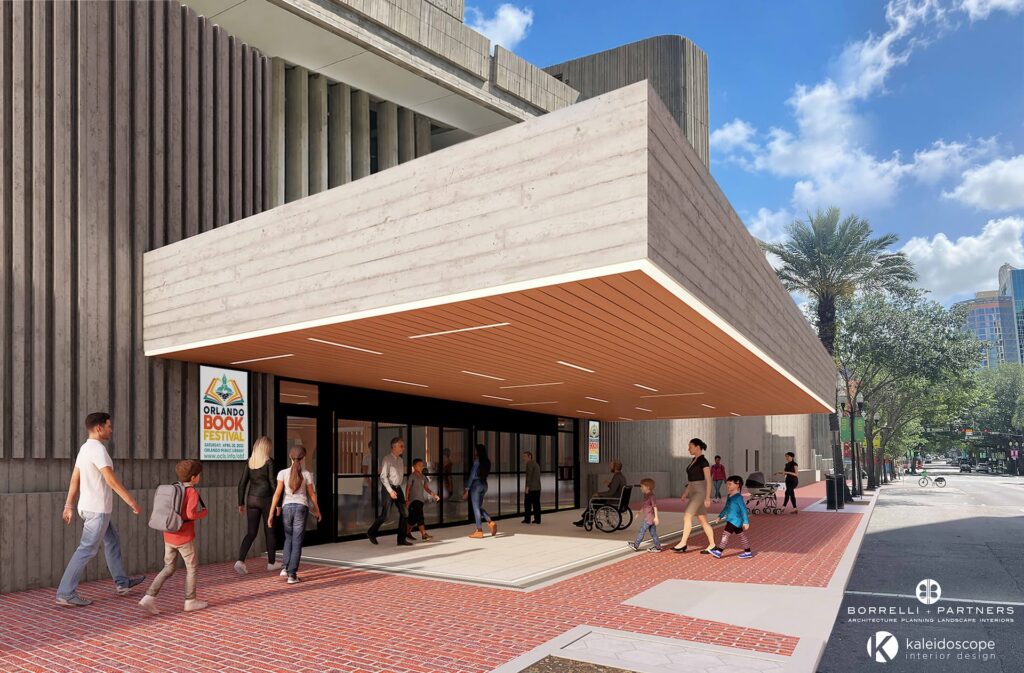 Rendering of Orlando Public Library's renovated street-level entrance canopy in downtown Orlando