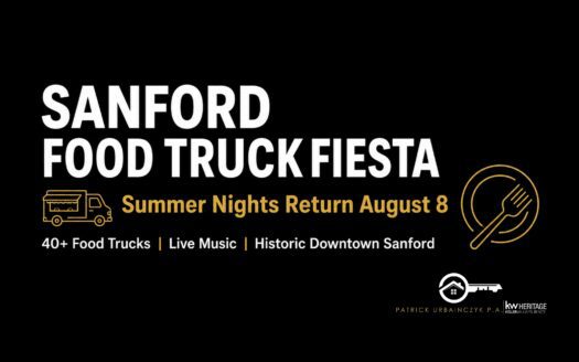 Sanford Food Truck Fiesta Summer Nights event graphic featuring 40+ food trucks on August 8