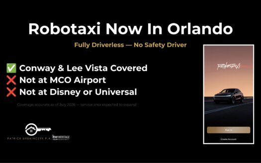 Tesla Robotaxi now available in Orlando graphic showing coverage areas and app screenshot