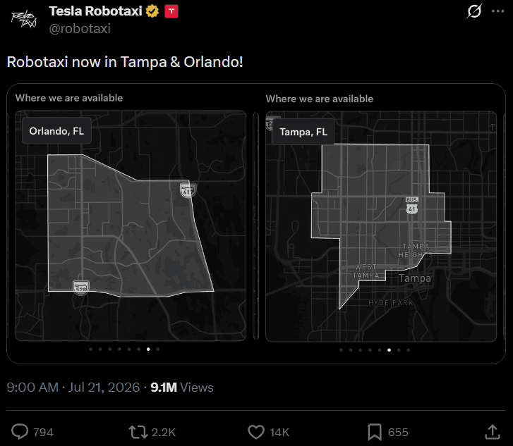 Tesla Robotaxi's official coverage map for Orlando and Tampa, posted to the @robotaxi X account
