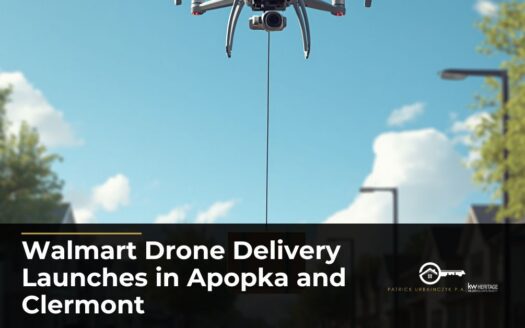 Walmart delivery drone lowering package via tether above a Central Florida neighborhood in Apopka and Clermont
