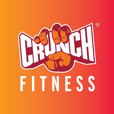Crunch Fitness logo, orange and red gradient with clenched-fist design.
