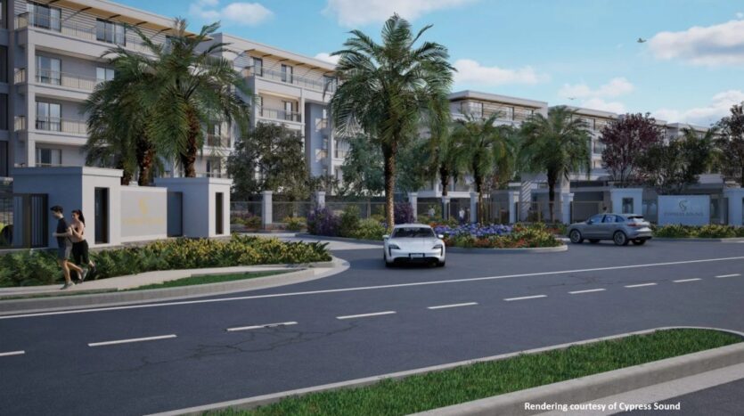 Rendering of the gated entrance to Cypress Sound, an 84-unit luxury condo community near Disney Springs on Winter Garden Vineland Road.
