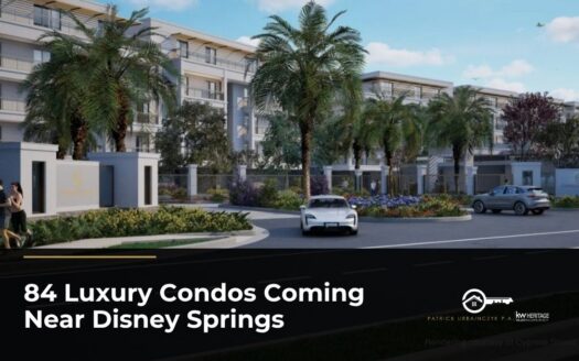 Featured image for blog post on 84 luxury condos coming near Disney Springs, showing a rendering of the Cypress Sound community entrance.