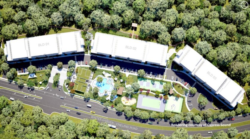 Aerial site plan of Cypress Sound showing three condo buildings, pool, tennis and pickleball courts along Winter Garden Vineland Road.