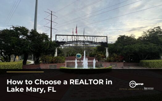 Lake Mary, Florida welcome sign with fountain and American flag, featured image for how to choose a REALTOR in Lake Mary.