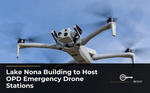 Skydio X10 drone in flight against a blue sky, featured image for Lake Nona building hosting OPD emergency drone stations.