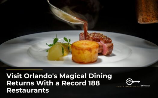 Chef pouring sauce over a plated steak entrée with a gratin and pear garnish at a fine dining restaurant.
