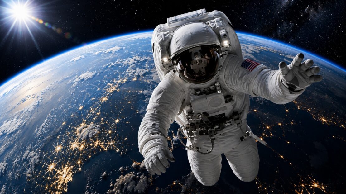 AI-generated illustration of an astronaut in space with Earth in the background, featured image for NASA's $100 million Space Coast contract with an Orlando connection.