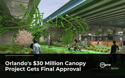Rendering of The Canopy showing pedestrian pathways and art installations beneath Interstate 4 in downtown Orlando.