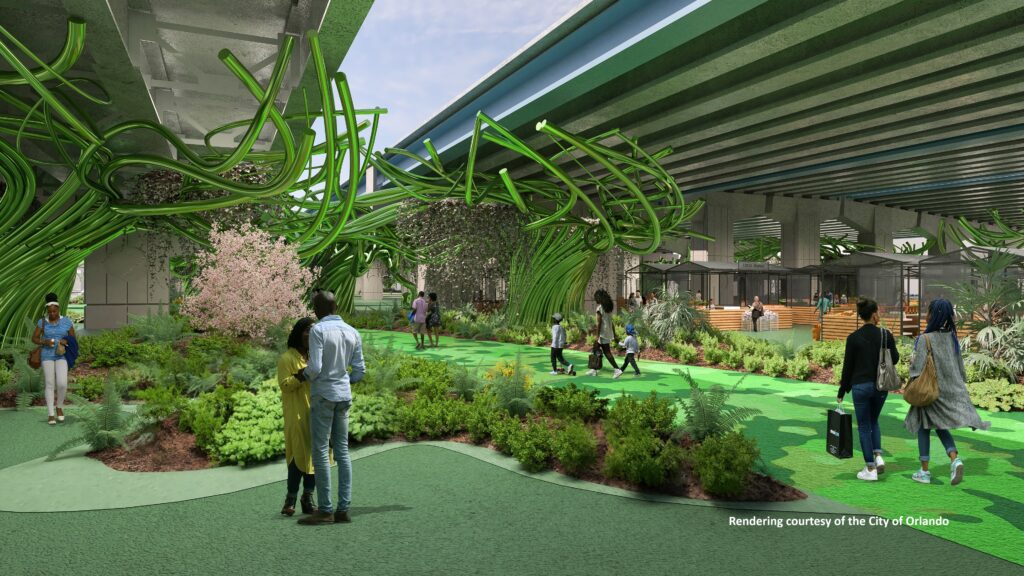 Rendering of The Canopy, Orlando's new community space beneath Interstate 4 in downtown Orlando.