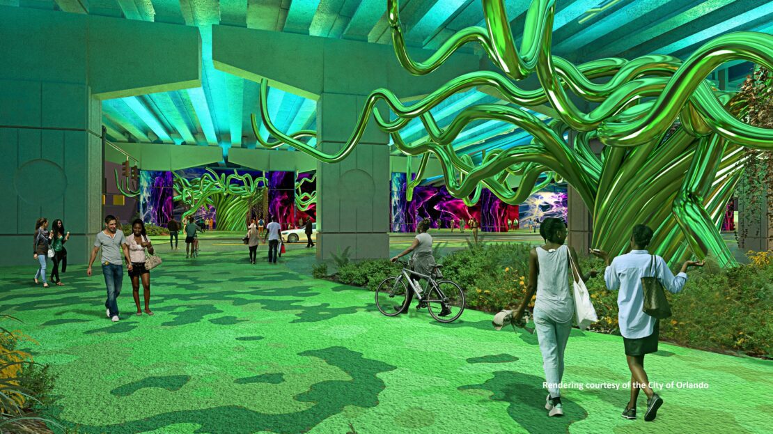 Rendering of pedestrian and bike paths planned for The Canopy community space in downtown Orlando.