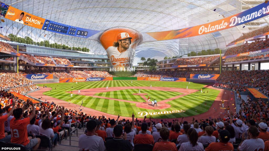 Interior rendering from home plate of the proposed domed Orlando Dreamers MLB stadium