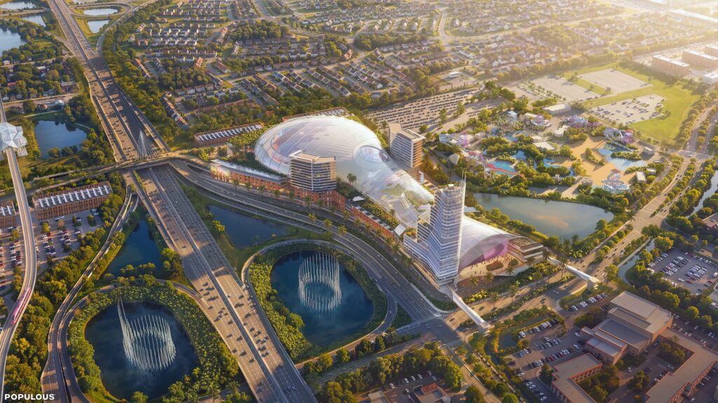 Aerial rendering of the proposed Orlando Dreamers MLB stadium site along International Drive in Orange County, FL