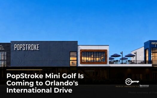 Exterior of PopStroke's new International Drive location in Orlando at twilight, featured image for the mini golf venue coming this December.