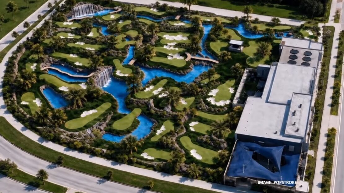 Aerial view of PopStroke's two 18-hole mini golf courses in Orlando with a flowing river, waterfalls, and palm trees.