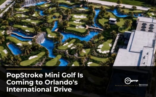 Aerial view of PopStroke's two 18-hole mini golf courses in Orlando with a flowing river, waterfalls, and palm trees.
