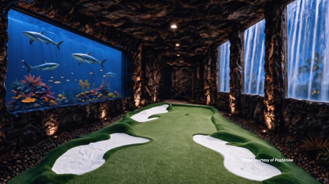 Mini golf hole inside a cave at PopStroke's new Orlando location with a shark and stingray tank alongside the green.