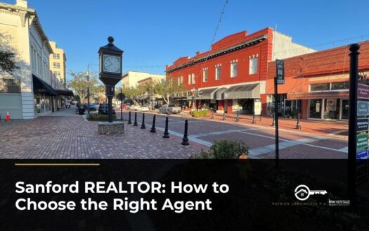 Historic downtown Sanford, Florida with brick-paved street, clock tower, and storefronts, featured image for how to choose a REALTOR in Sanford.