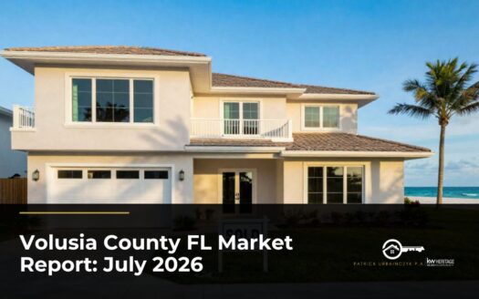 Sold sign in front of a beachfront home in Volusia County, FL, featured image for the July 2026 Volusia County real estate market report.
