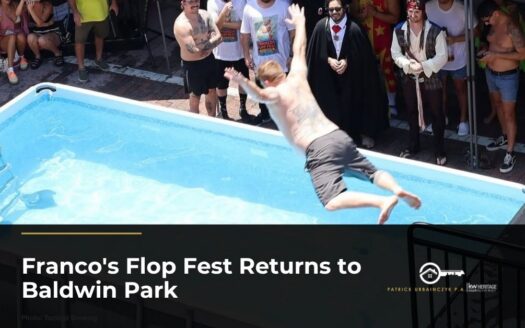 Contestant belly flopping into a pool at Franco's Flop Fest in Baldwin Park, Orlando Caption: Photo: Tactical Brewing