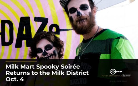 Two festival-goers in skull face paint at a Milk Mart event in Orlando's Milk District