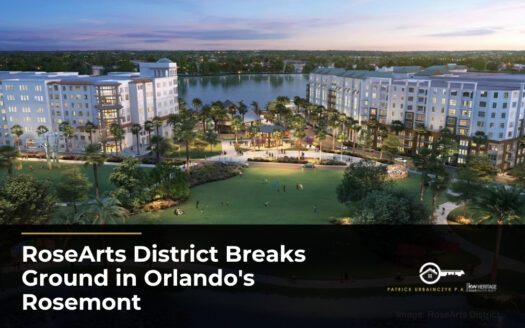 Aerial rendering of RoseArts District clubhouse and lakefront park at dusk in Orlando's Rosemont neighborhood