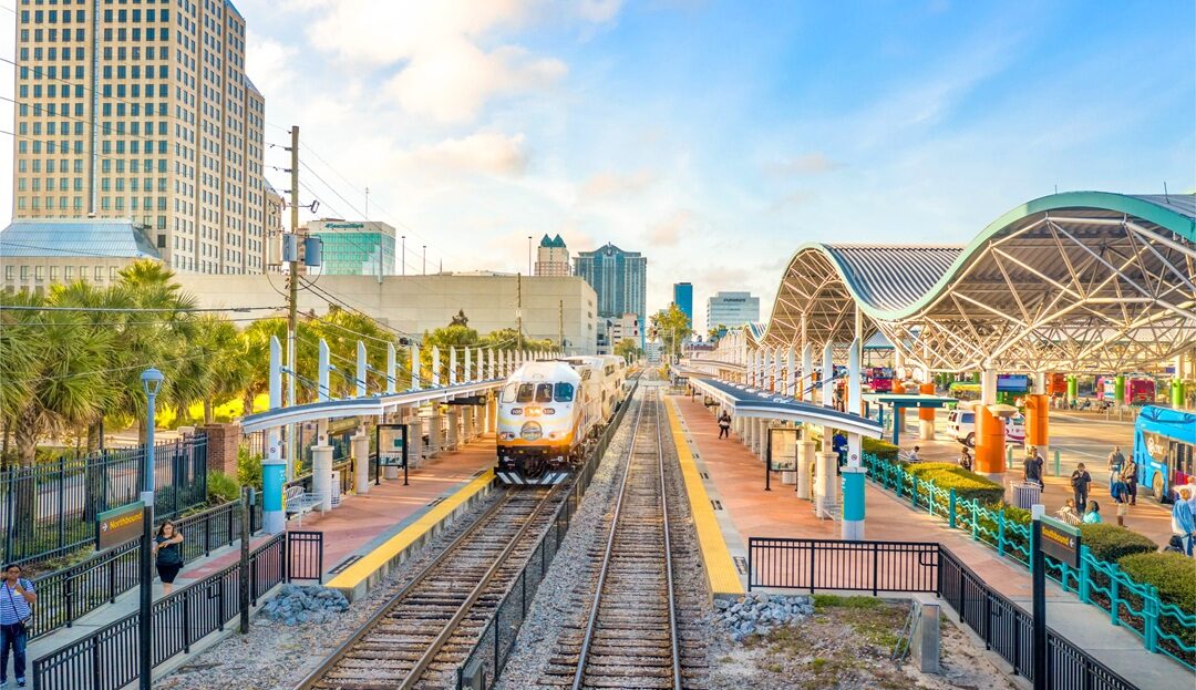 SunRail train at a downtown Orlando station platform, with a late train added for Hamilton weeknight shows