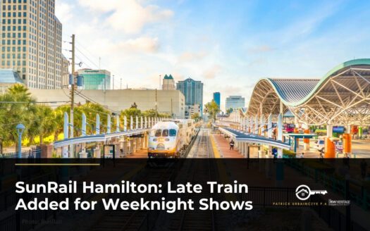 SunRail train at a downtown Orlando station platform, with a late train added for Hamilton weeknight shows