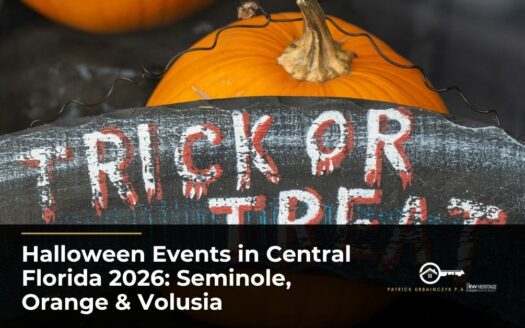 Hand-painted “Trick or Treat” sign in front of a pumpkin for Halloween events in Central Florida