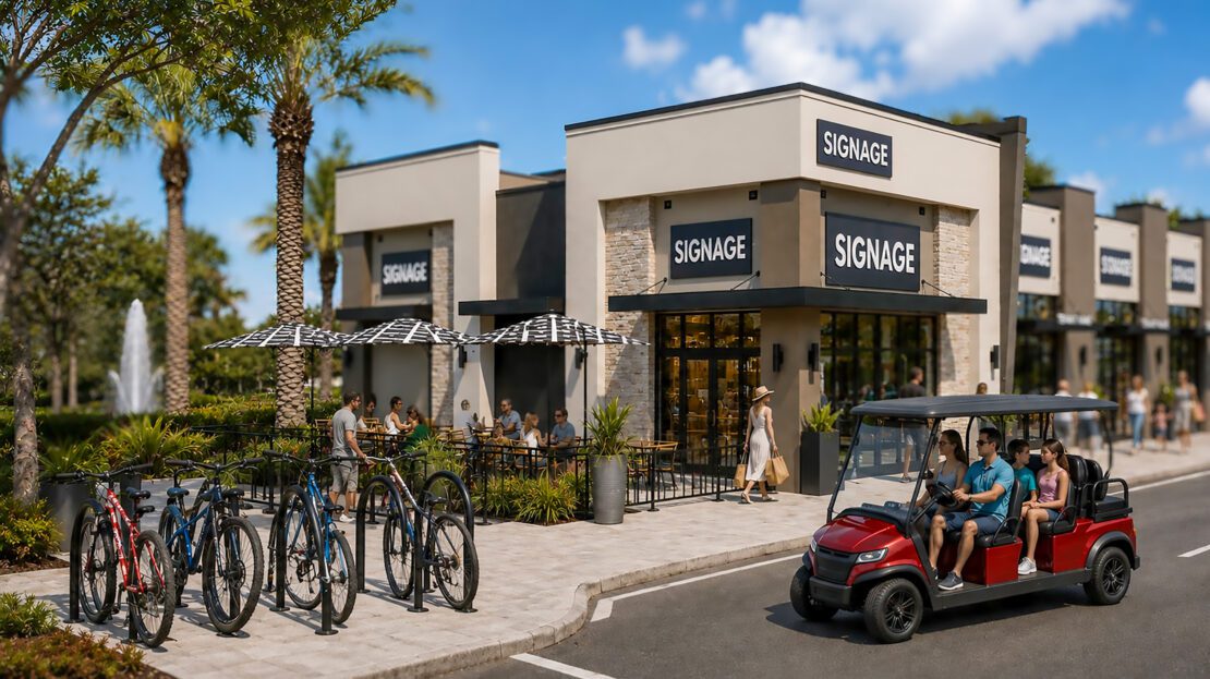 Rendering of Oakland Village storefronts with outdoor patio dining and golf cart parking