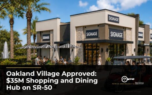 Rendering of Oakland Village storefronts with outdoor patio dining and golf cart parking