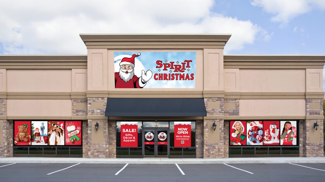 Spirit Christmas storefront with a Santa sign, the holiday store from the creators of Spirit Halloween